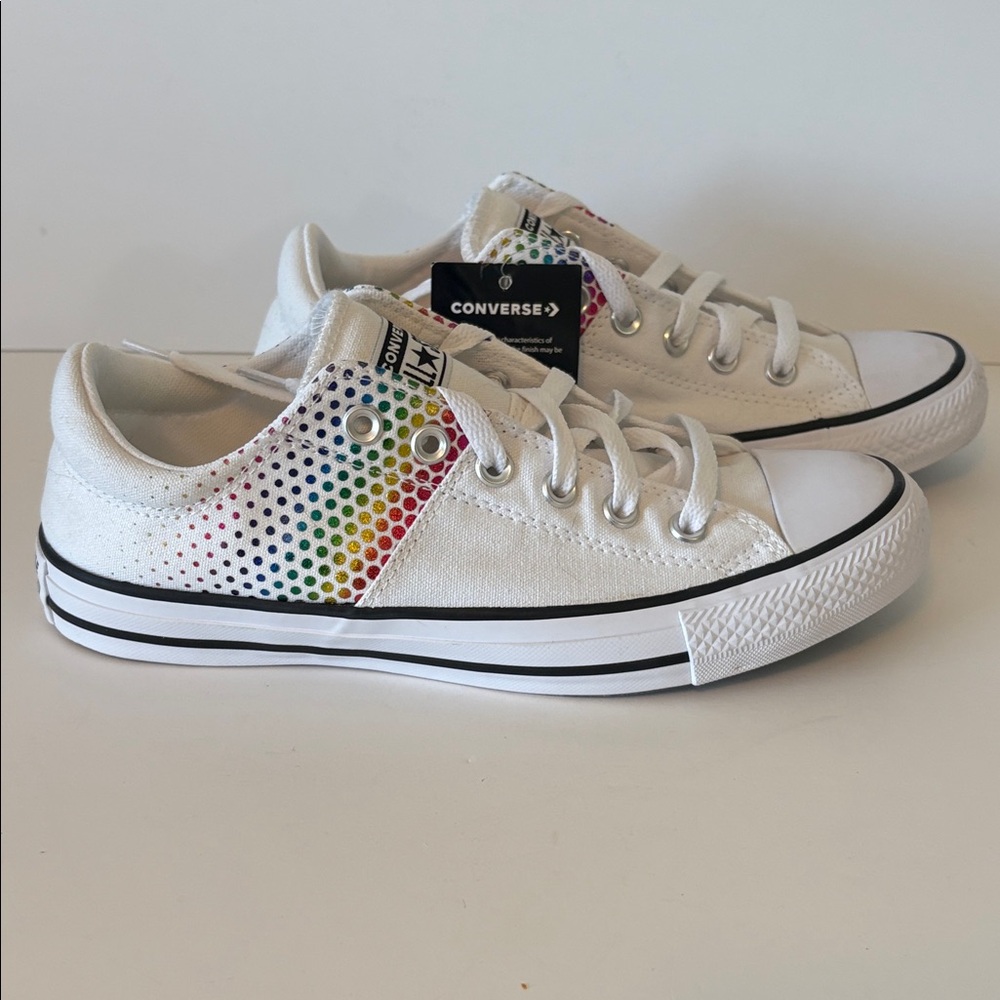 Converse All Star White/Rainbow Sneakers with Multicolor Dots, NEW